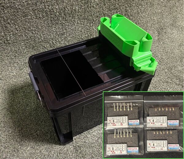 超こだわりのトリックサビキ4枚、エサつけ器、自動針外し付きコンテナBOX、トリックサビキの極意書付き