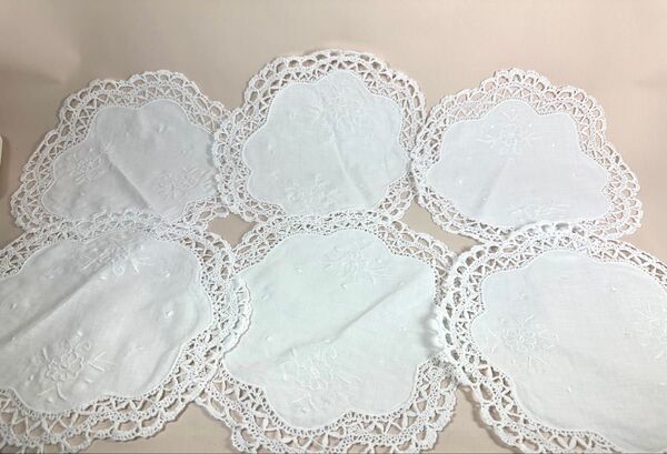 手刺繍.纏めて6枚.コースター白綿生地
