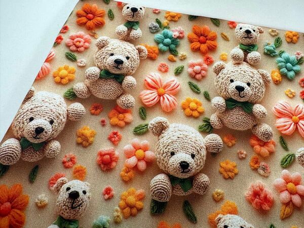 USAシーチング綿100%生地幅110cm×100cm.刺繍風プリント、熊と花