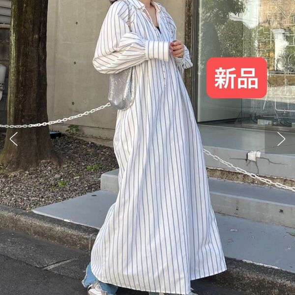 新品 ロングワンピース ストライプ シャツワンピース 長袖 スキッパー チャオパニックティピー