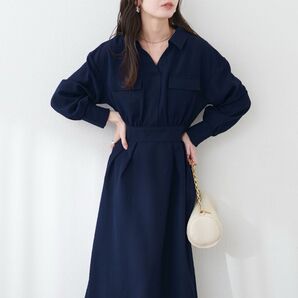 新品 ミリタリースキッパー衿ワンピース ネイビー 長袖 ロングワンピース シャツワンピース natural couture タグ付