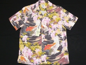 新品HOUSTONヒューストン[AlohaShirt]半袖和柄レーヨンハワイアンシャツL(40)鯉藤ブラック\9790
