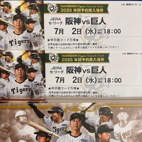 7月 2日(水曜日)甲子園 阪神タイガースVS 巨人ブリーズシート2枚セット阪神甲子園球場