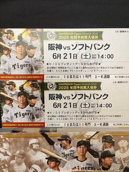6月 21日(土曜日)甲子園 阪神タイガースVS ソフトバンク ブリーズシート2枚セット阪神甲子園球場