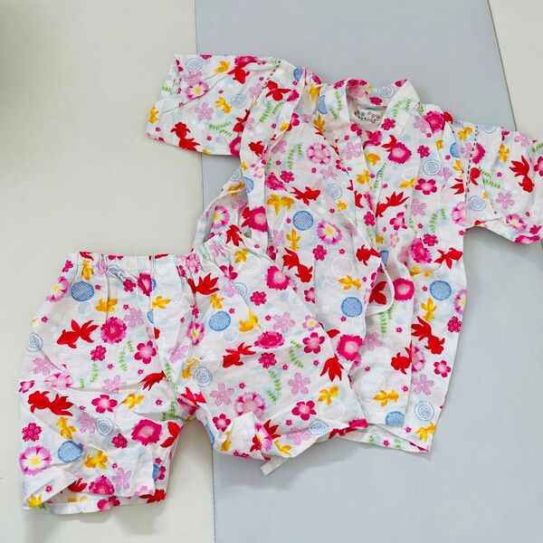 美品花火 甚平 浴衣 100cm女の子 綿100 金魚 花柄 ピンク