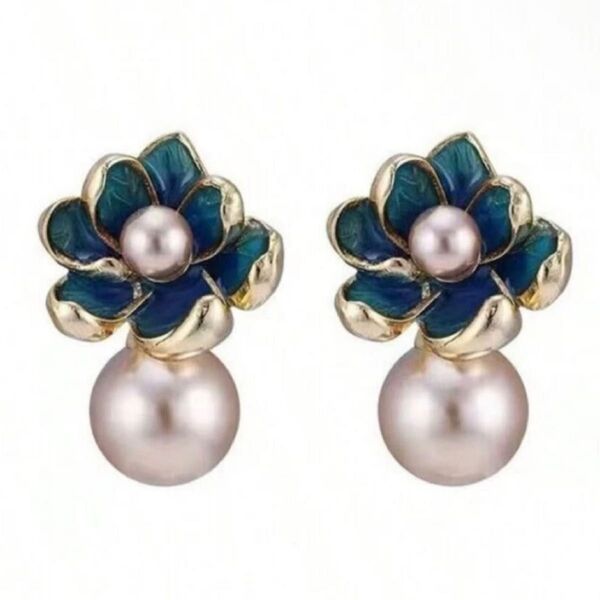 清楚 上品 高級感 エメラルドグリーン アクアブルー ゴールド お花 パール ピアス 結婚式韓国ハンドメイド調 真珠 フラワー