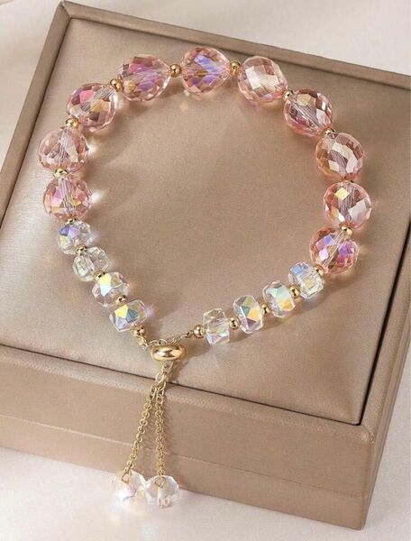 調節可能 天然水晶 白透明クリスタルピンクゴールド細めチェーンブレスレットキラキラ 誕生石天然石パワーストーン 結婚式リゾート