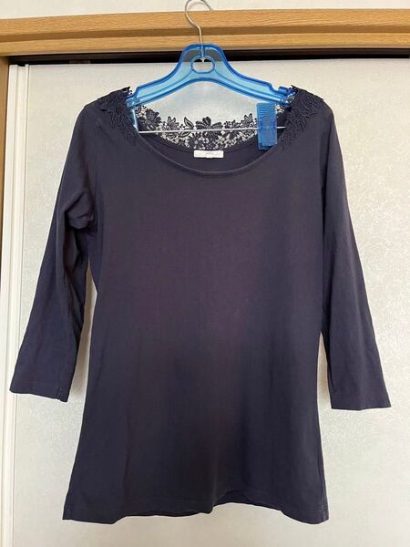 studio CLIP カットソー Tシャツ 七分袖 ネイビー 紺色 レース