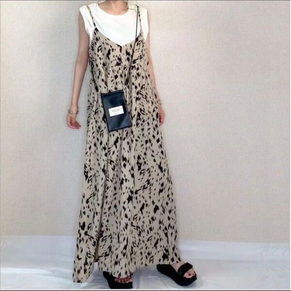 【輸入品】レオパード切替キャミワンピース ヒョウ柄 ロング スカート マキシ丈 ノースリーブ
