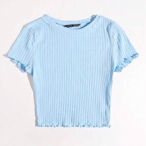 SHEIN ソリッドレタストリム リブニットTシャツ ベビーブルー