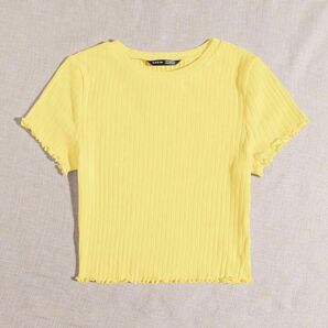 SHEIN ソリッドレタストリム リブニットTシャツ イエロー