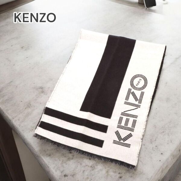 KENZO マフラー ウール×シルク ブラック×ホワイト843038