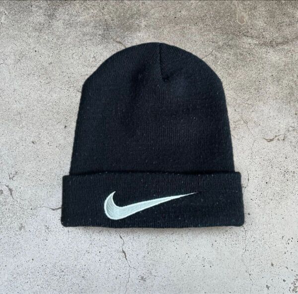 90's ナイキ NIKE 白タグ ニット帽 ビーニー ニットキャップ ブラック 帽子 黒 archive 古着 y2k スポーツ
