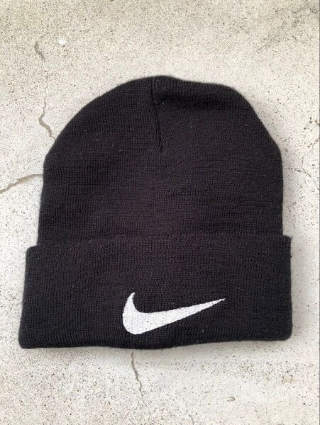 90's 00's ナイキ ニット帽 ビーニー 帽子 ブラック ニットキャップ 黒 ロゴ キャップ NIKE archive 古着