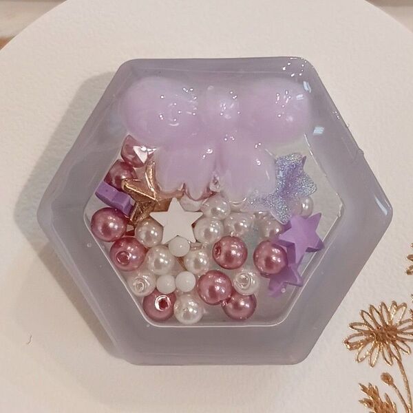 ハンドメイド レジン ヘアゴム シャカシャカ シェイカー グレー パープル リボン 星