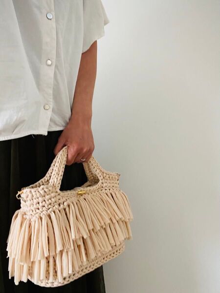 トートバッグ ベージュ ショルダーバッグ フリンジバッグ ハンドメイド