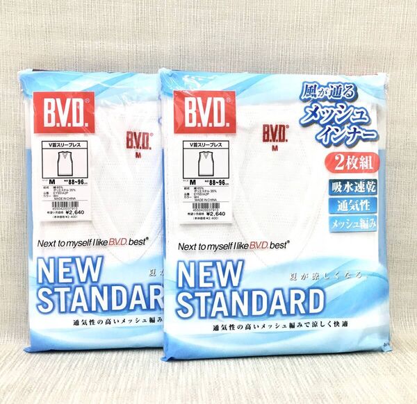 【新品¥5280】涼感 BVD 2枚組 2セット V首スリーブレス メッシュ編み Mサイズ 吸水速乾 通気性 Vネック 紳士肌着