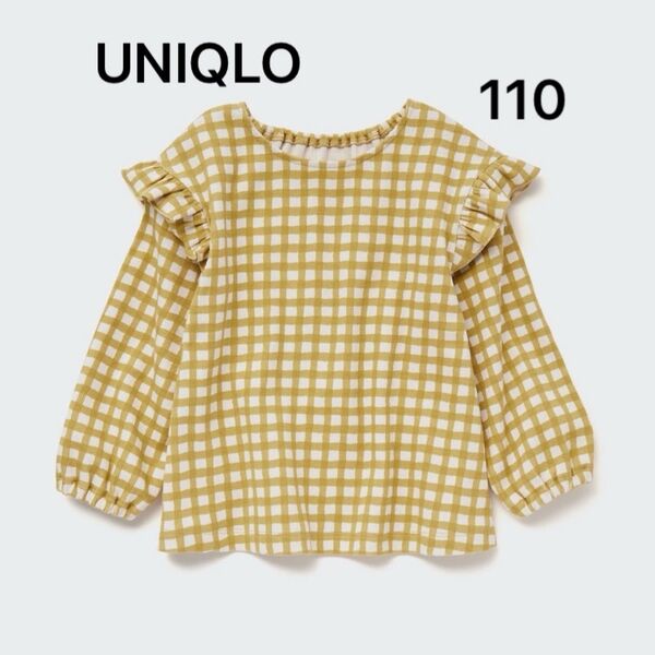 希少!UNIQLO BABY ユニクロ ベビー リブクルーネックT(長袖) チェック ブラウス トップス フリル 110