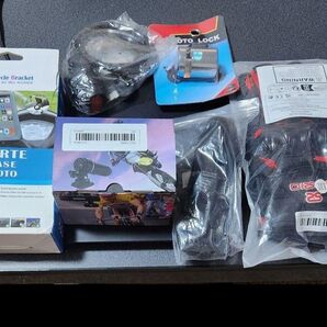 バイク乗りだしツールセット(スマホケース・ドラレコ・グローブ・ロックx2・メットゴム)