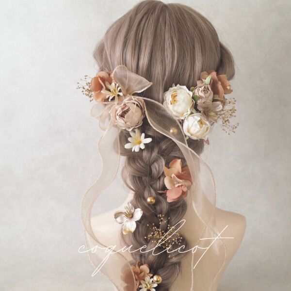 ウェディング 髪飾り テラコッタ/ 結婚式 前撮り 成人式 七五三 卒業式 ヘアアクセサリー ヘッドドレス リボン