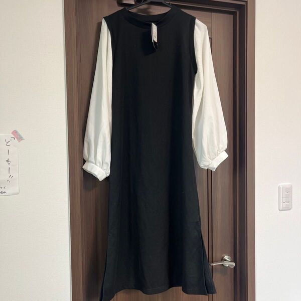 シフォン袖ドッキングワンピース
