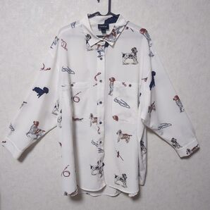 melange 犬プリントシャツ ブラウス 七分袖 レディース M
