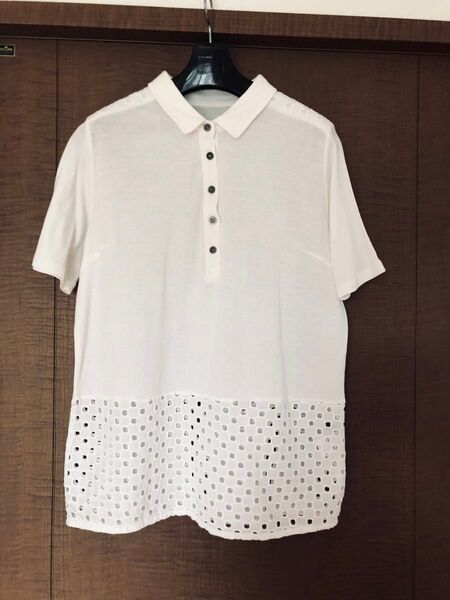 F又はLサイズ セミロング白のTシャツ 肩、裾ボーラレース メッシュ レディース