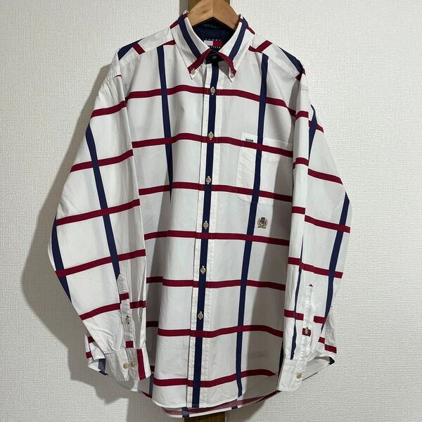 90年代 90'sトミーヒルフィガー 長袖シャツ チェック柄 M ワンポイント tommy hilfiger ホワイト M
