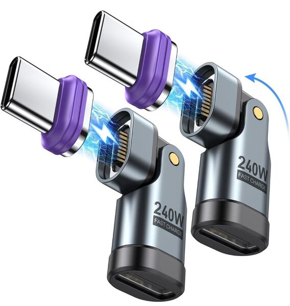 AUFU マグネット USB-C 変換アダプタ 16Pin 【PD240W・2個セット】L字型 180°回転 Type-C