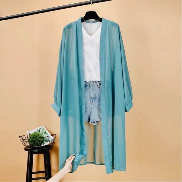 ロングカーディガン シフォン UVカット フリーサイズ エメラルドグリーン
