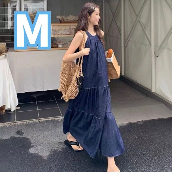 デニム ワンピース デニム調 ロングワンピース ノースリーブ スカート ゆったり 春夏 リゾート ネイビー 旅行 マキシワンピ M