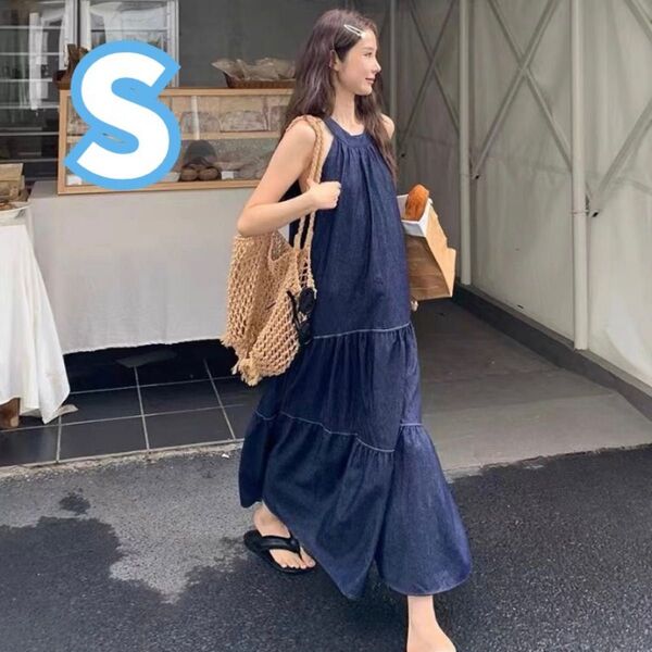 デニム調 ロングワンピース ノースリーブ マタニティ ゆったり リゾート S