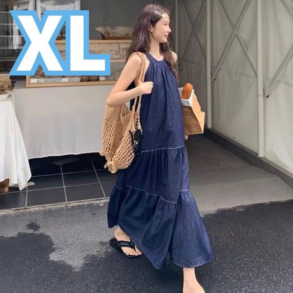 L デニム調 ロングワンピース ノースリーブ スカート ゆったり 春夏 リゾート マタニティ マタニティーワンピース