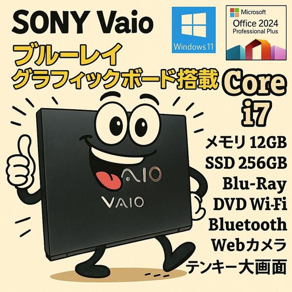 SONY VAIO Corei7 メモリ12GB SSD256GB ブルーレイ ノートパソコン Win11 Word Excel