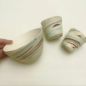 マーブル模様のボウルとカップ 3個セット 作家モノ