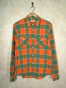  Hollywood Ranch Market thin check shirt * men's M size / orange × green × Brown / green / tea color / long sleeve /ma gong s/sia soccer 