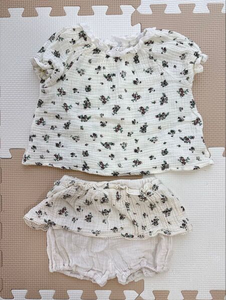 【90cm】花柄セットアップ 半袖チュニック ショートパンツ ブルマ 女の子 ベビー 服 赤ちゃん ガーゼ 80cm