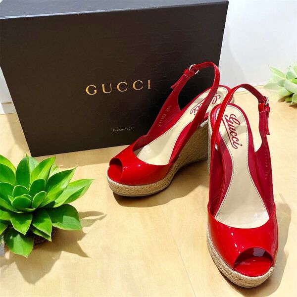 【極美品】GUCCI/グッチ/サンダル/ウエッジソール/オープントゥ/希少/エナメル/レッド/赤/箱付き