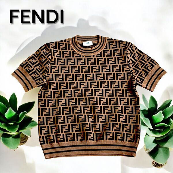 【極美品】FENDI フェンディ キッズ ニット 半袖 クルーネック ズッカ柄 SSサイズ程度 160cm