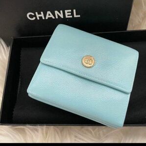 CHANEL シャネル 三つ折り ミニ 財布 ココボタン ライトブルー Wホック ココマーク