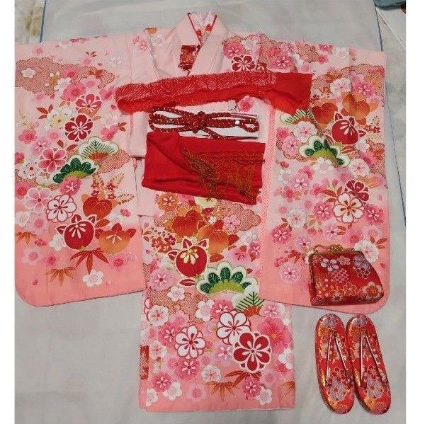 oh.3 ほぼ新品七五三7歳祝着物化繊フルセット金駒刺繍雲取松橘作り帯はこせこ