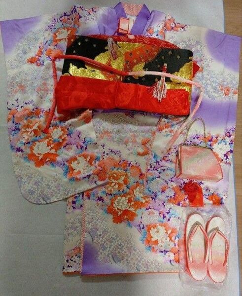 no.6七五三7歳祝着物正絹フルセット薄紫花畑綸子金駒刺繍比翼仕立ジュニア用袋帯