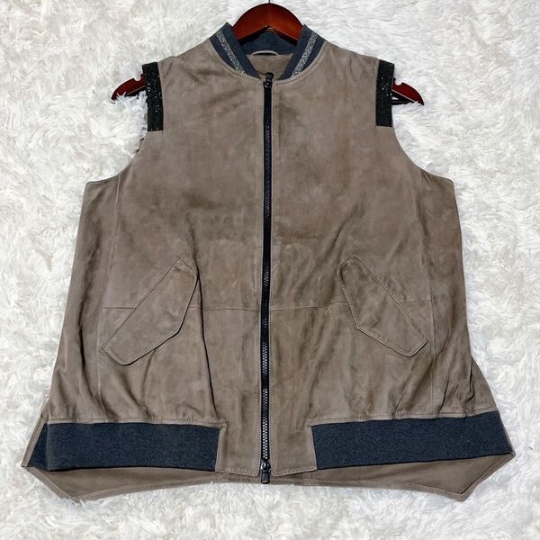 BRUNELLO CUCINELLI ブルネロクチネリ レザーベスト モニーレ装飾 ジッパー 42 XL相当 ブラウン系 本革