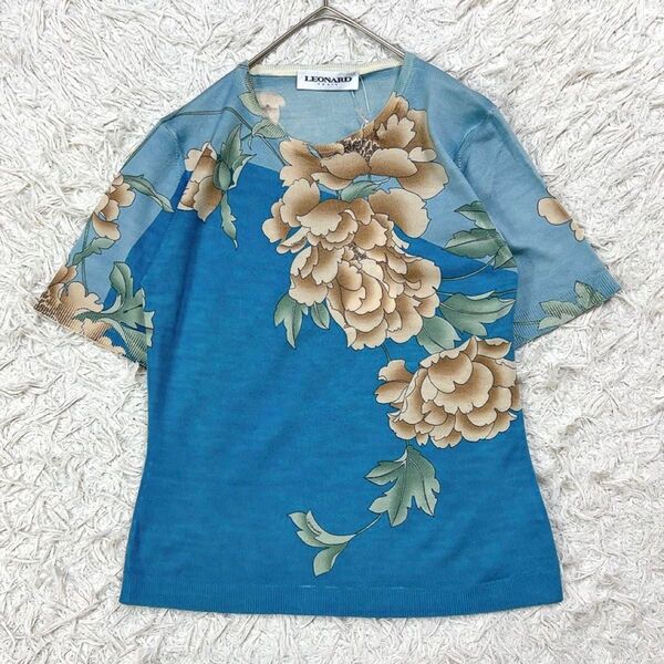 展示品 LEONARD PARIS レオナールパリ 半袖 ニット カットソー 花 フラワー バイカラー 38 M相当 ブルー系