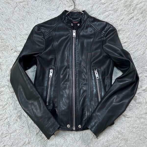 【美品】DIESEL ディーゼル シングル ライダースジャケット ラムレザー 羊革 XS ブラック