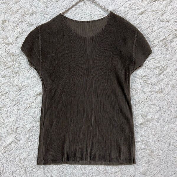 【美品】PLEATS PLEASE プリーツプリーズ イッセイミヤケ 半袖 カットソー Tシャツ 3 L相当 ブラウン