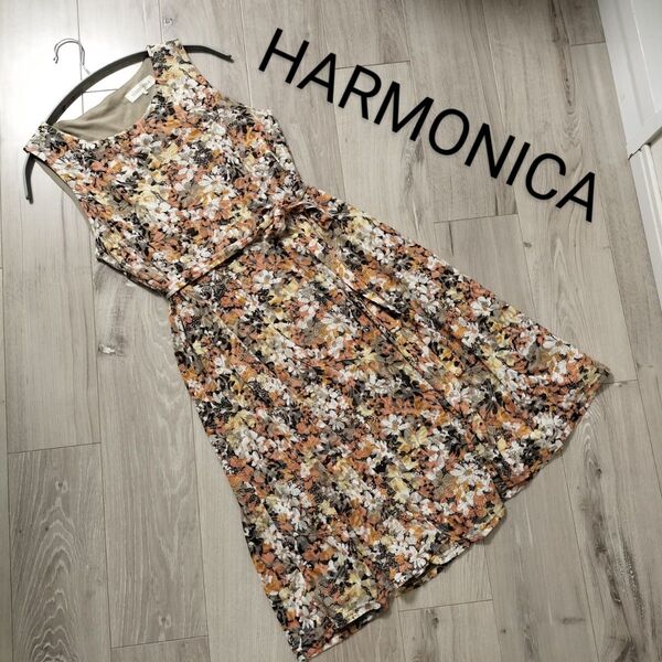 ハーモニカ harmonica 花柄 フレアワンピースミモレ丈 ひざ丈 ミモレ丈 総柄