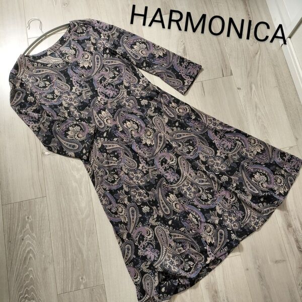ハーモニカ HARMONICA 袖ありワンピース ペイズリー フレアワンピース