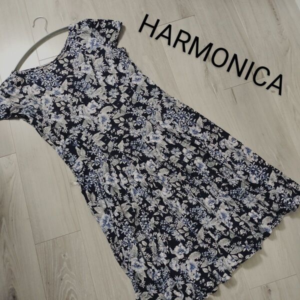 ハーモニカ HARMONICA 花柄 コットンワンピース 膝丈 フレアワンピース 半袖