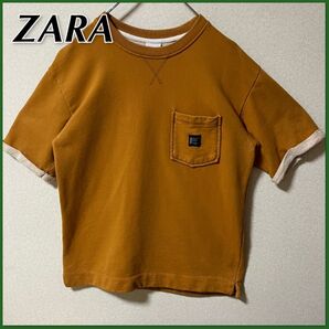 【ZARA】シンプル 無地 Tシャツ Mサイズ ブラウンカラー 胸ポケット付き